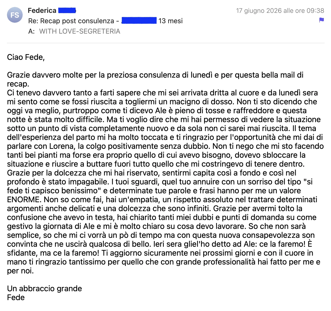 Thank-you email from a mum after the child sleep consultation with Federica