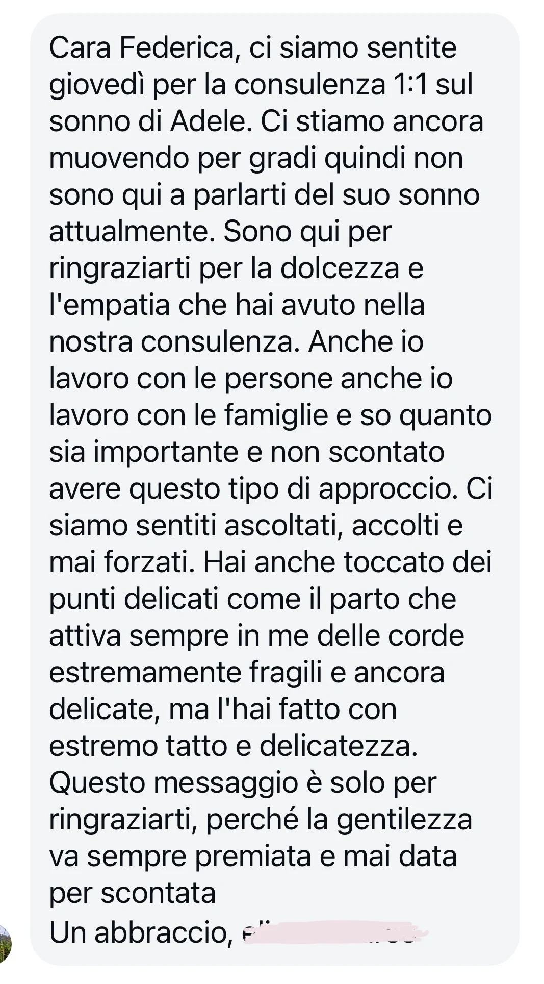 Review from a family after the sleep consultation with Federica
